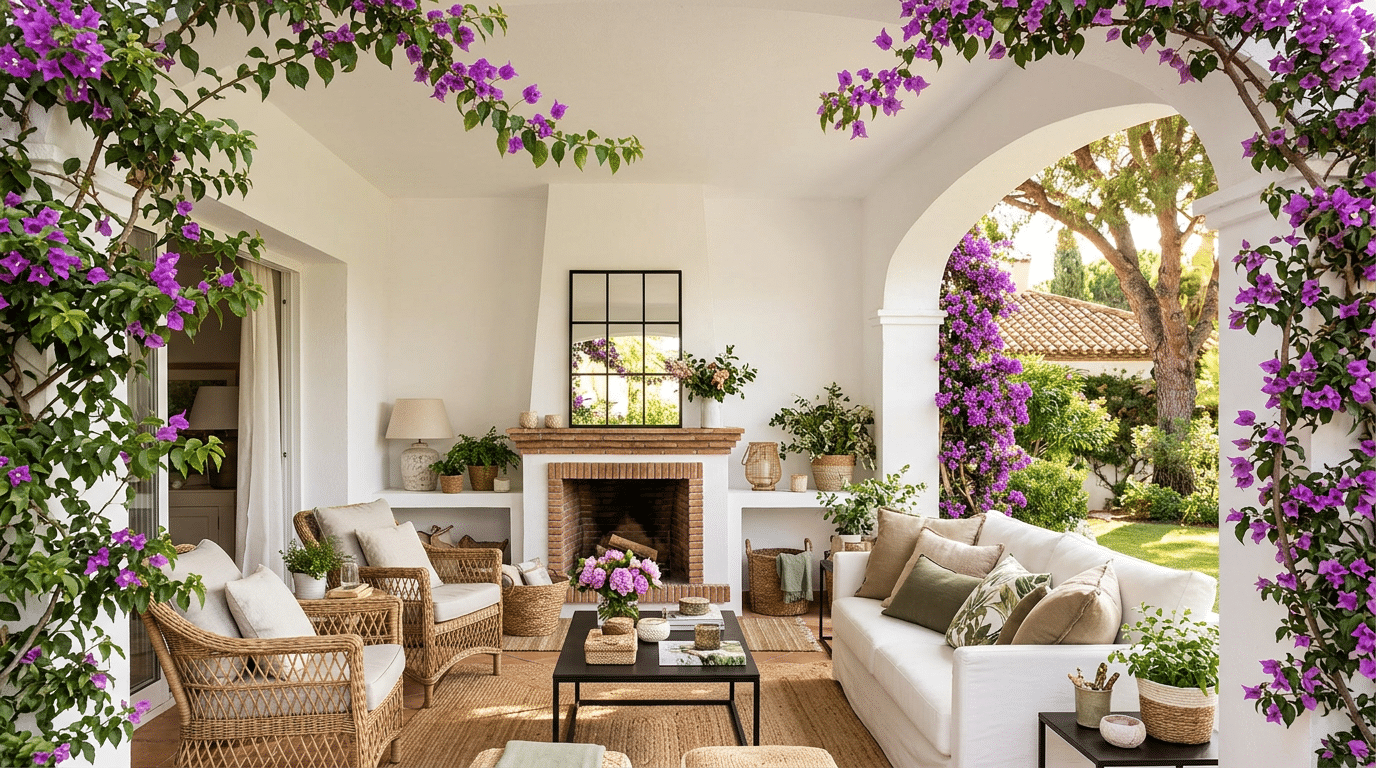 Buganvilla morada enmarcando una terraza mediterránea cubierta con sofás blancos, sillones de mimbre, chimenea decorativa y vegetación exterior.