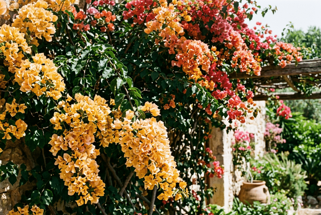 Buganvilla multicolor con flores naranjas, amarillas, rojas y rosadas creciendo de forma abundante entre hojas verdes en un jardín soleado.