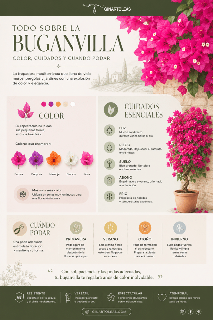 Infografía de GinartOleas sobre la buganvilla, con flores fucsias, cuidados esenciales, colores habituales y calendario básico de poda.