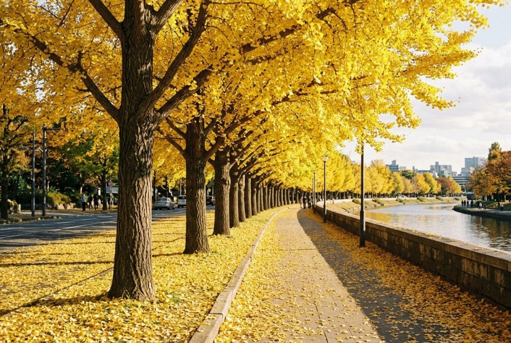 alineación de ginkgo biloba en otoño con copas amarillas y suelo cubierto de hojas doradas junto a una avenida, imagen descriptiva de Ginartoleas