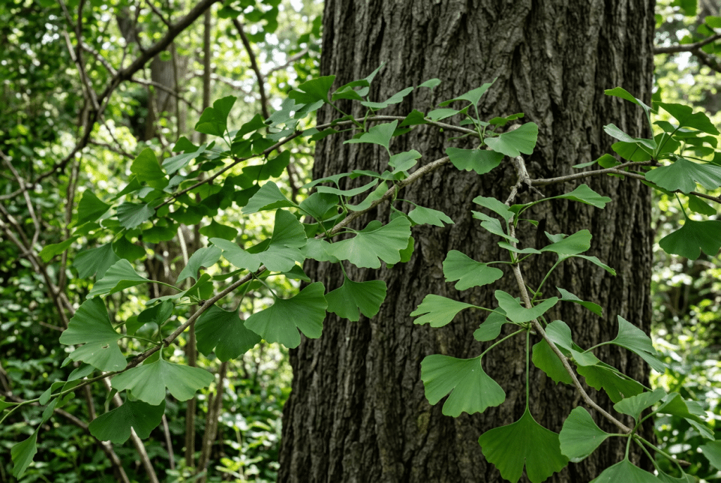 ramas de ginkgo biloba con hojas verdes en forma de abanico junto al tronco rugoso de un árbol en un jardín, imagen descriptiva de Ginartoleas