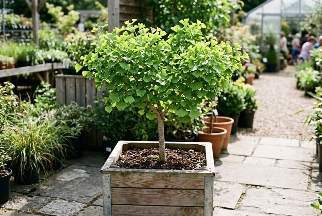 ginkgo biloba joven en macetero de madera con copa frondosa de hojas verdes en un espacio exterior, imagen descriptiva de Ginartoleas