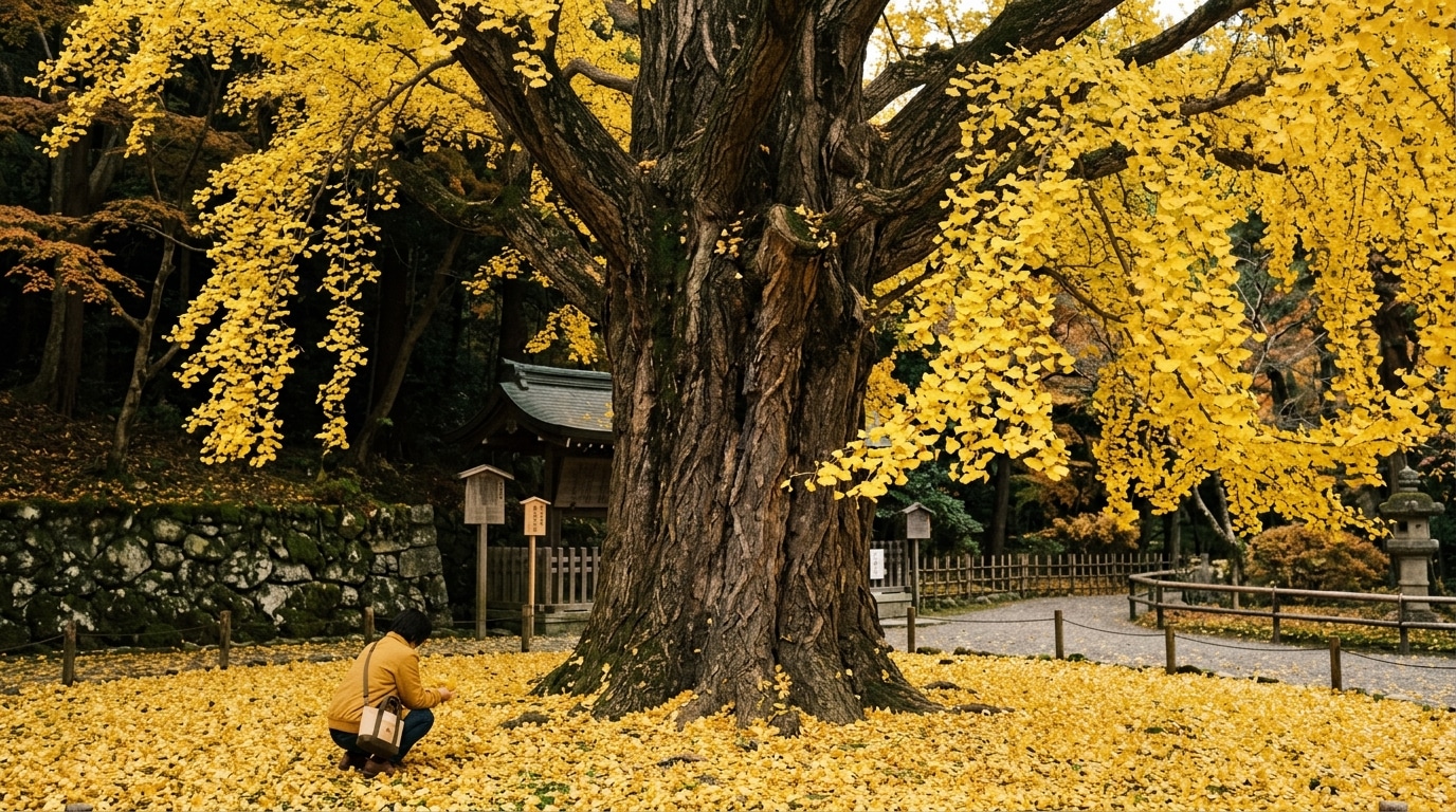 ginkgo biloba monumental en otoño con ramas amarillas, tronco de gran tamaño y una persona agachada sobre un suelo cubierto de hojas, imagen descriptiva de Ginartoleas