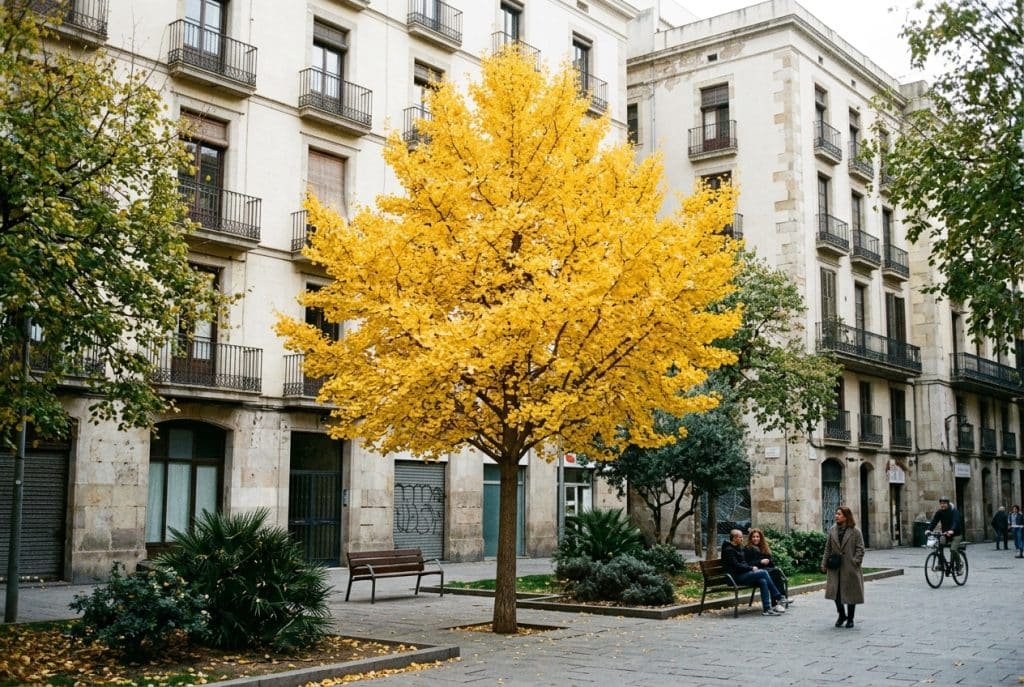 ginkgo biloba con hojas amarillas en otoño plantado en una plaza urbana, junto a bancos, edificios y otros árboles, imagen descriptiva de Ginartoleas