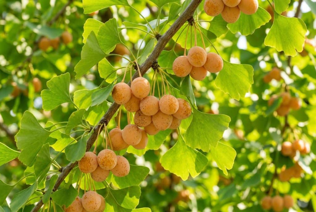 detalle de ginkgo biloba hembra con racimos de semillas anaranjadas entre hojas verdes en forma de abanico, imagen descriptiva de Ginartoleas