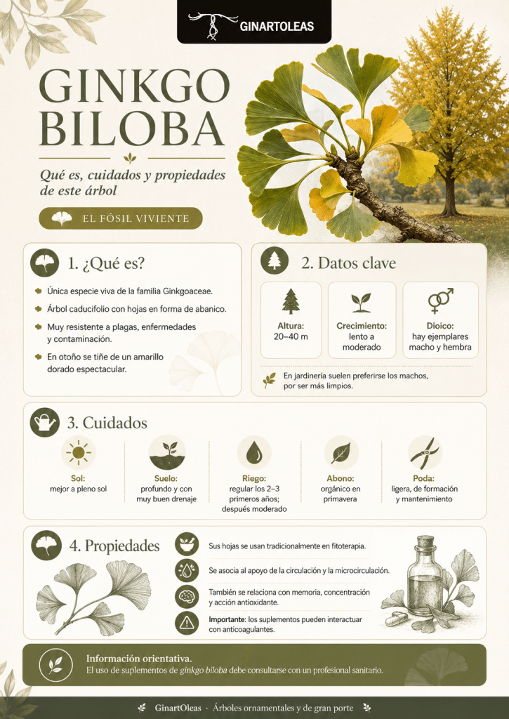 infografía de Ginartoleas sobre ginkgo biloba con hojas en forma de abanico, árbol otoñal amarillo y secciones sobre qué es, datos clave, cuidados y propiedades