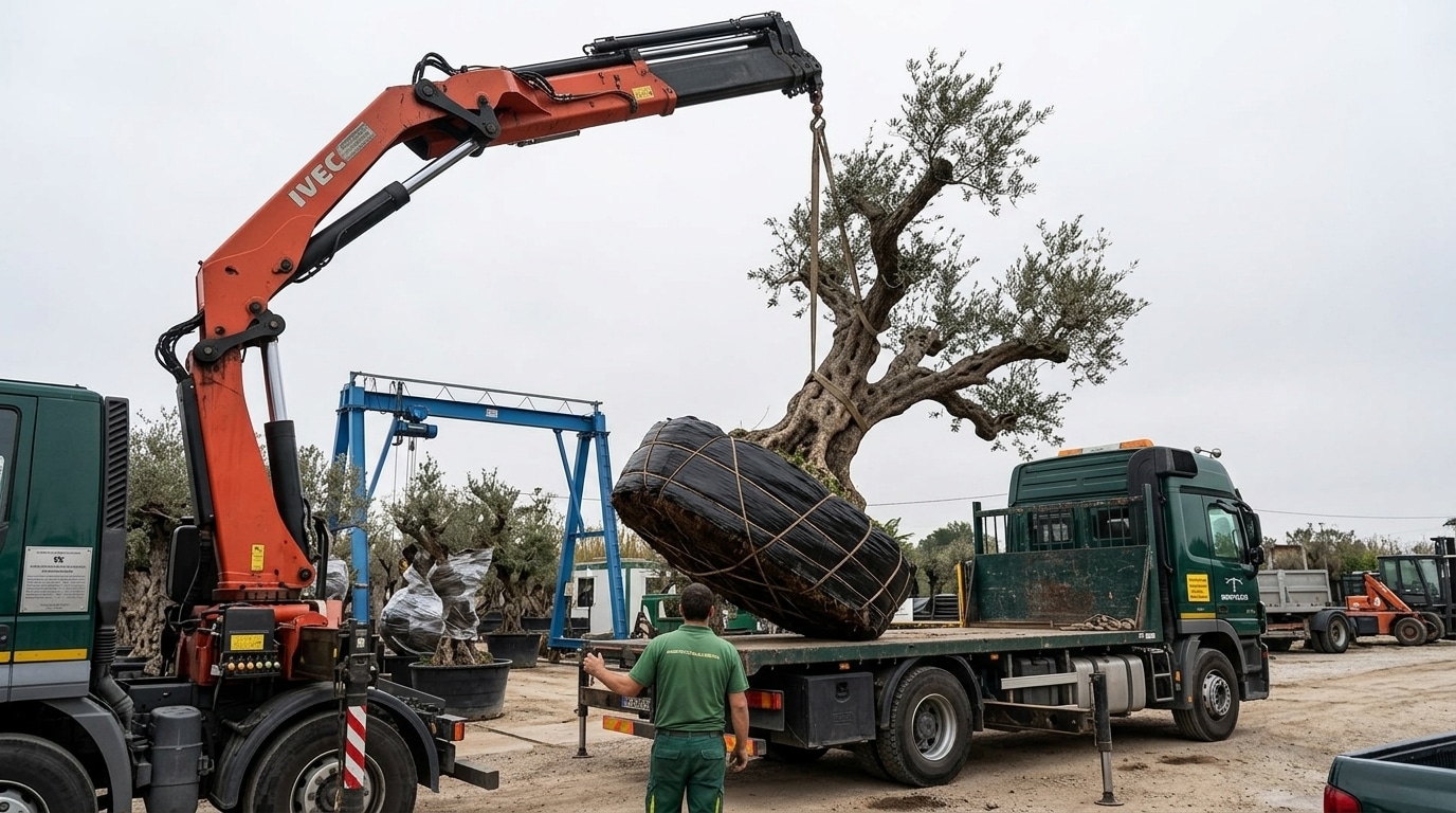 Cuánto cuesta un olivo centenario: grúa de un camión elevando un olivo de gran porte, con el cepellón protegido para su transporte y un operario supervisando la maniobra.