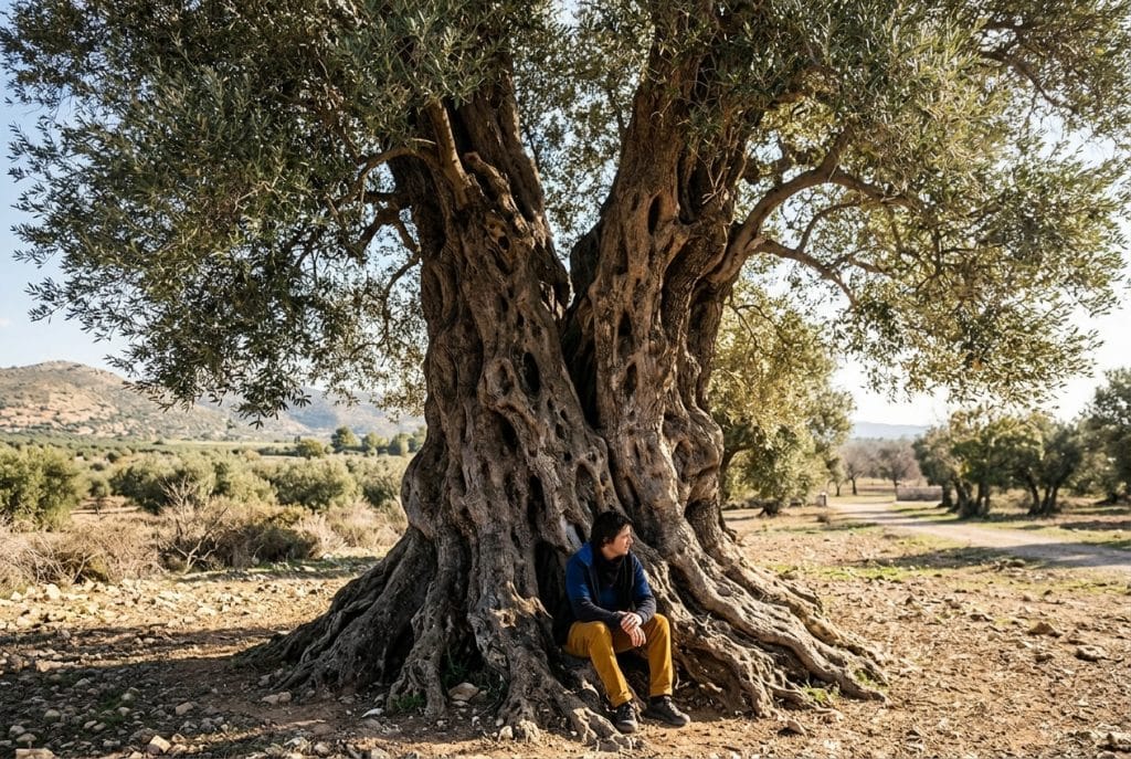 Cuánto cuesta un olivo centenario: enorme ejemplar de tronco muy ancho, hueco y retorcido, con una persona sentada a sus pies para mostrar su escala.
