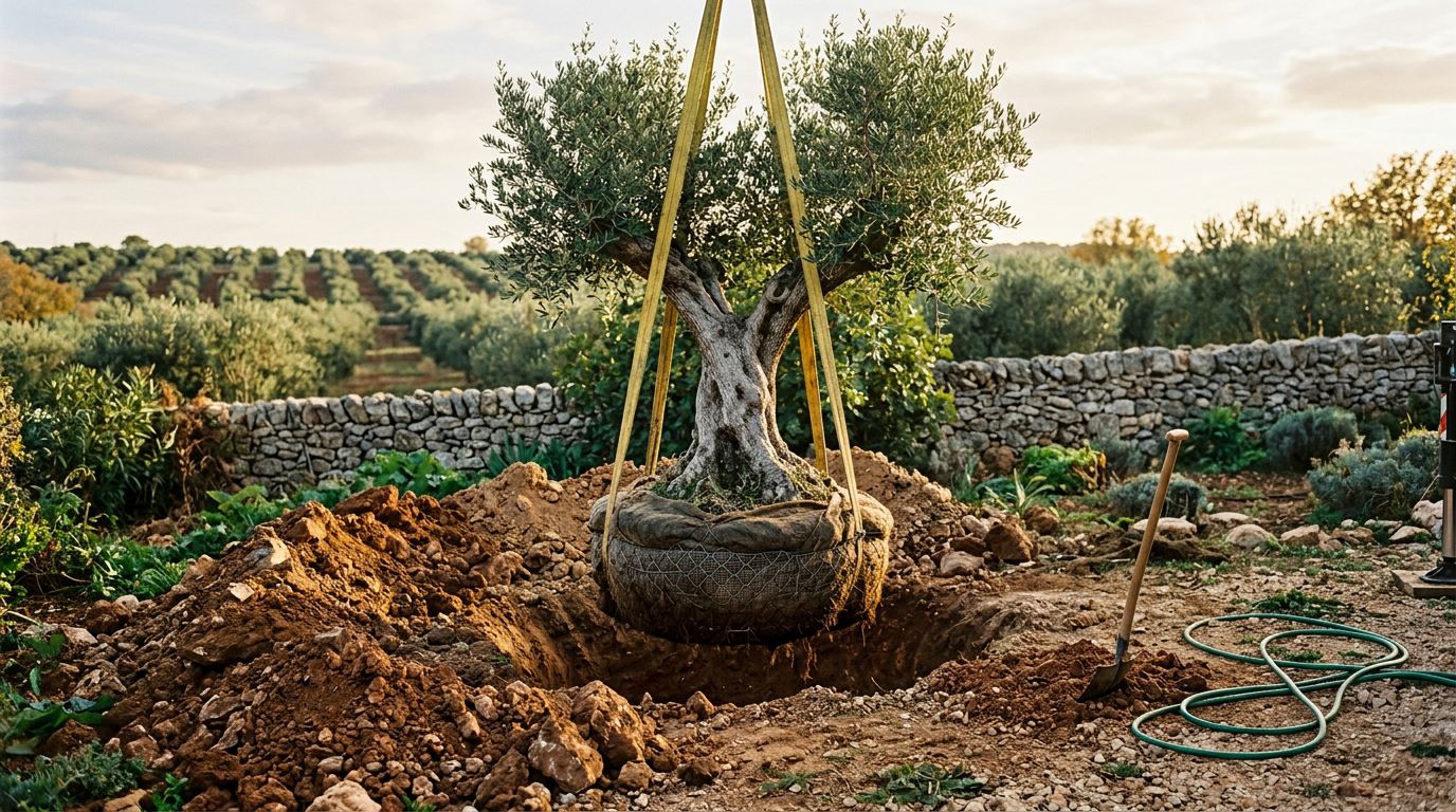 Olivo adulto con el cepellón envuelto en malla siendo colocado en el hoyo de plantación de un jardín mediterráneo en otoño.