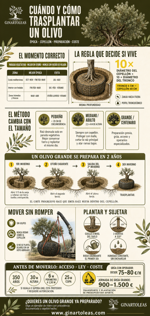 Cuándo y cómo trasplantar un olivo: infografía de Ginart Oleas con la época según el clima, la regla del cepellón de diez veces el diámetro del tronco, la preparación en dos años, el transporte con grúa y los cuidados posteriores.