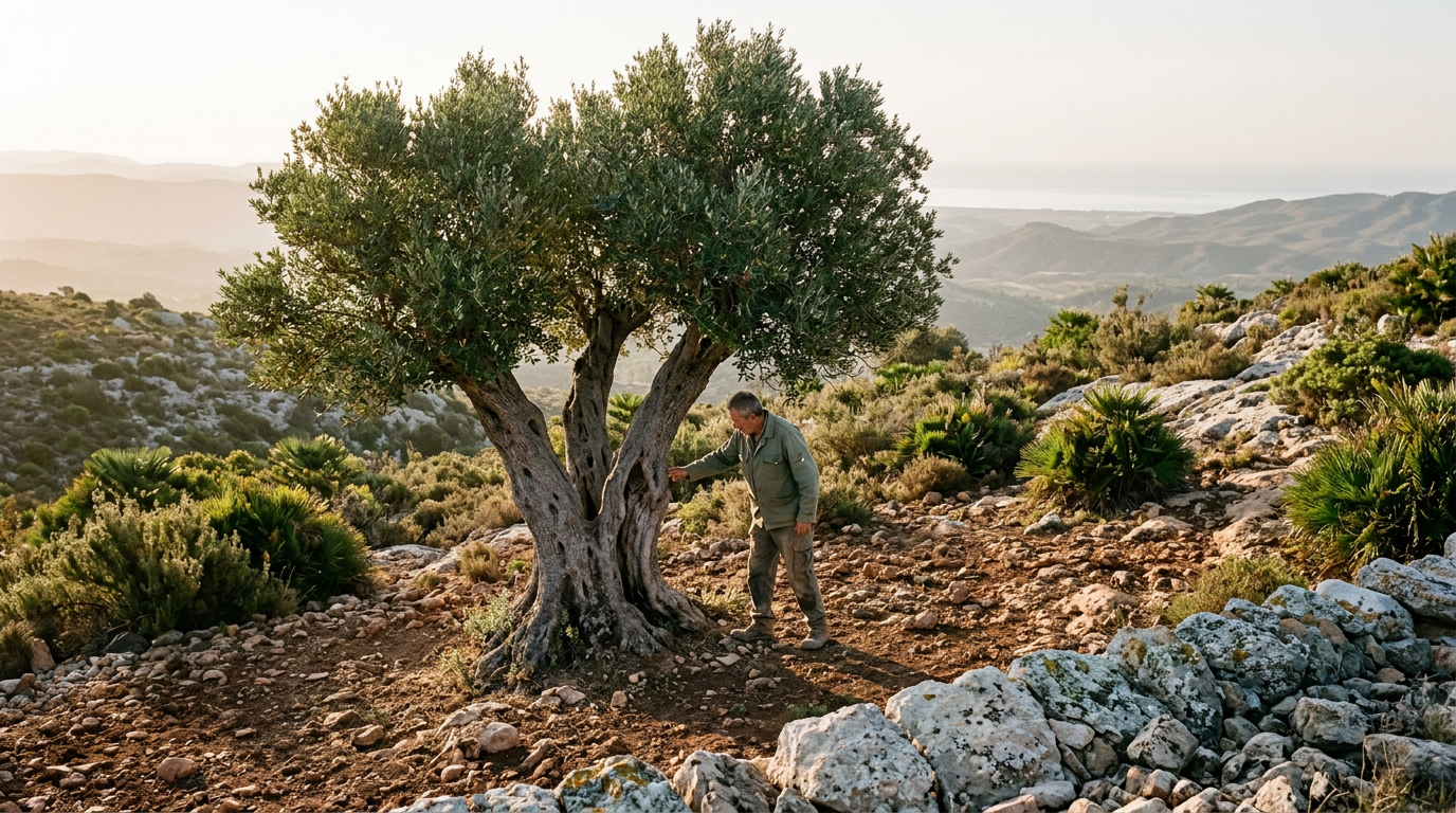 Acebuche viejo de varios troncos retorcidos en una ladera de monte mediterráneo, con un hombre que examina la corteza al amanecer.