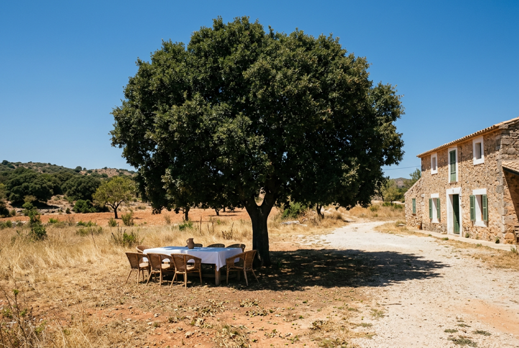 Olivo o encina para una finca: encina grande de copa densa que da sombra a una mesa en pleno verano junto a una masía de piedra.