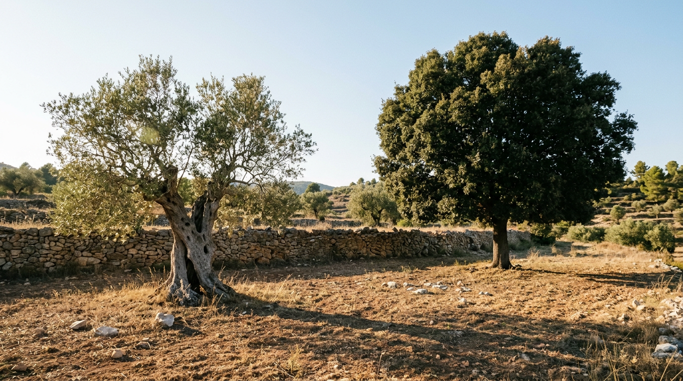 Olivo o encina: un olivo centenario de tronco hueco y una encina grande de copa densa, uno junto al otro en una finca mediterránea de bancales.