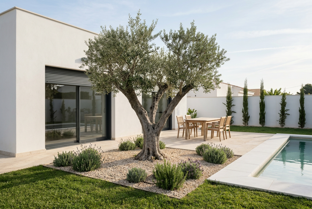 Olivo o encina para un chalet: olivo ornamental de tronco grueso en un parterre de grava a pocos metros de la casa, junto a la terraza y la piscina.