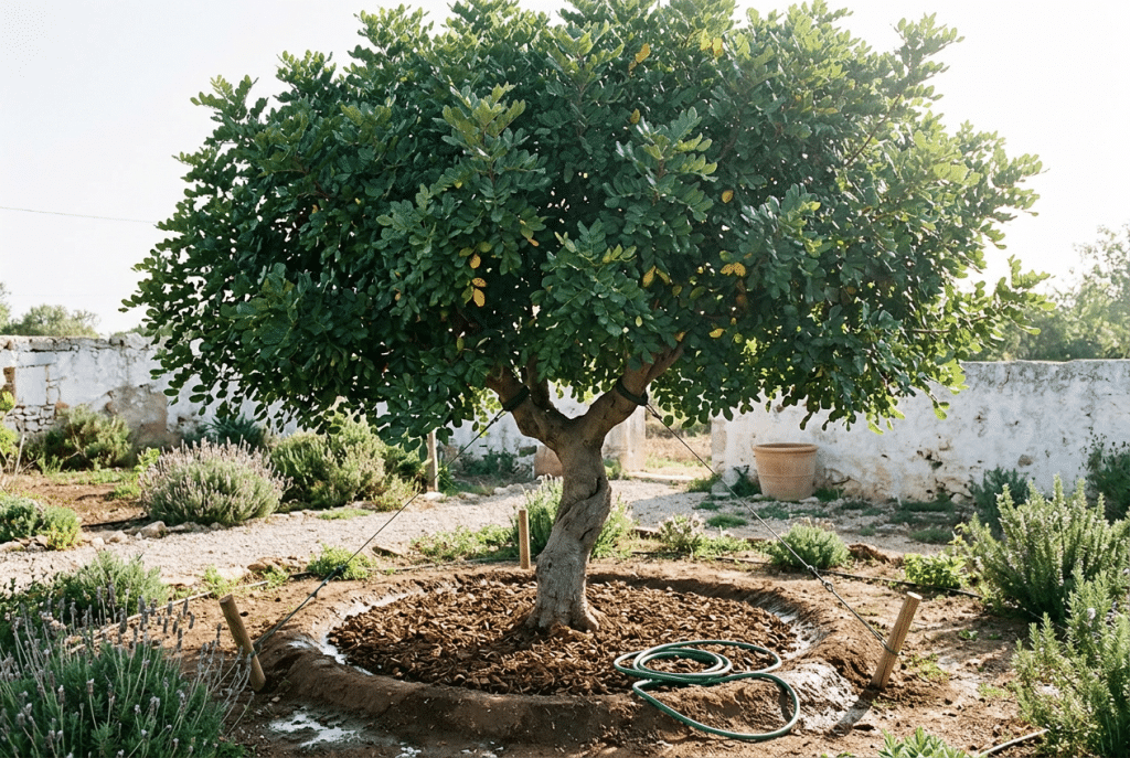 Algarrobo recién trasplantado en un jardín mediterráneo, con poceta de riego, acolchado de corteza alrededor del tronco y vientos de sujeción atados a estacas.