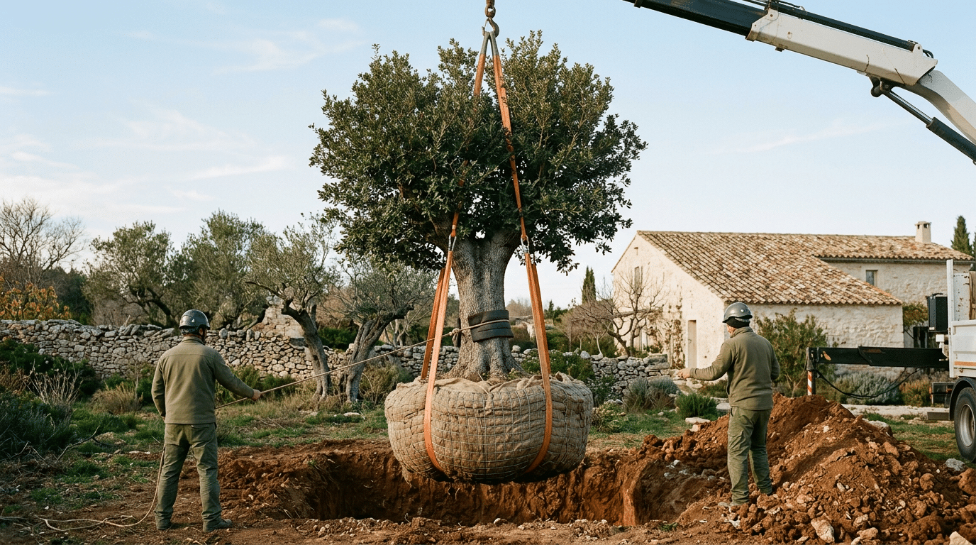 Encina adulta con el cepellón envuelto en arpillera, suspendida de una grúa por eslingas sobre el hoyo de plantación en un jardín mediterráneo, durante el trasplante de un árbol grande.