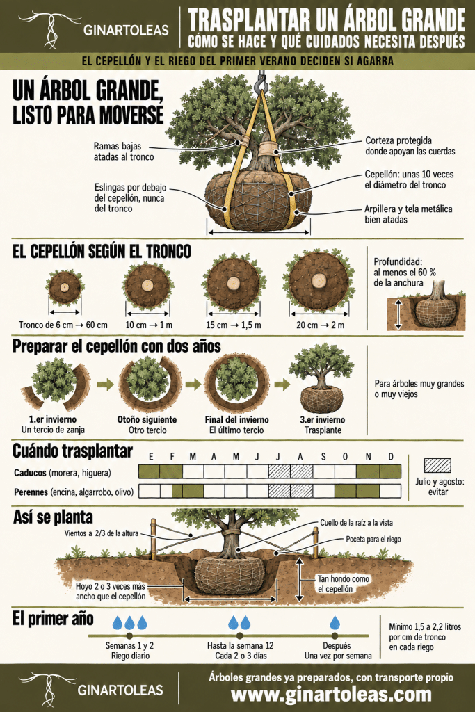 Infografía de Ginart Oleas sobre cómo trasplantar un árbol grande: encina suspendida por el cepellón con sus partes señaladas, tamaño del cepellón según el tronco, preparación en dos años, calendario de trasplante, cómo se planta y riego del primer año.
